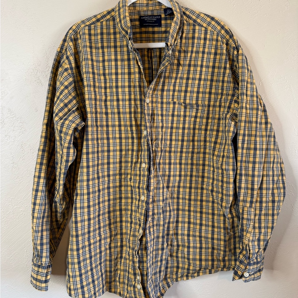 Vintage 80s American Eagle Outfitters Yellow and Navy Plaid Button-Down Shirt